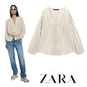 ZARA | Ecru/Brown | STRIPED LINEN BLEND OVERSIZED BLOUSE